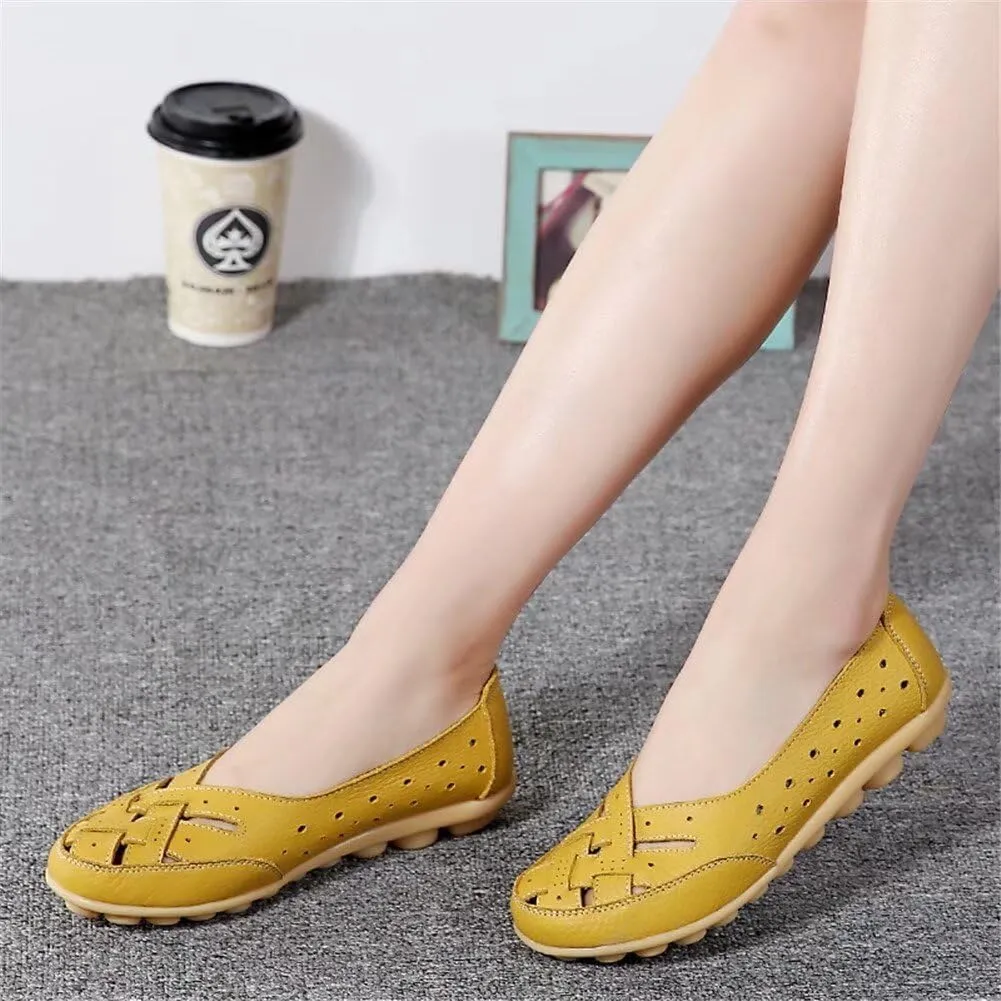 Womens Leather Loafers Hollow Out Breathable Soft Flats Slip on Casual Sandals Lightweight Round Toe Fashion Summer Sandals Comfortable Driving Walking Shoes