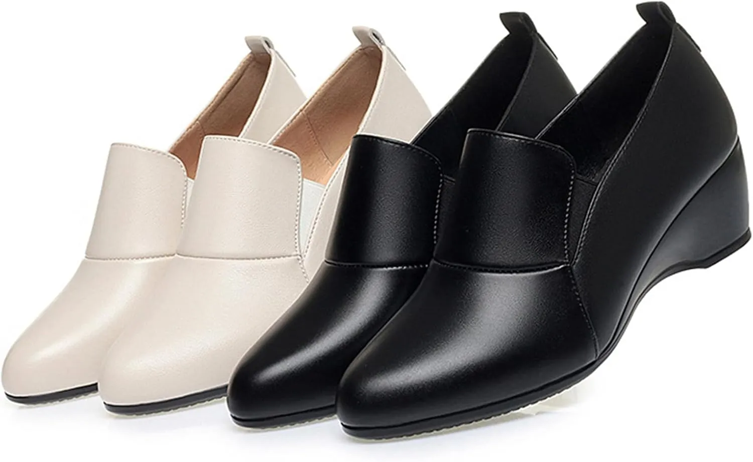 Women's Leather Wedge Round Toe Dressy Shoes Comfortable Soft Leather Platform Slip On Casual Loafers Suitable for Driving Business Work Walking
