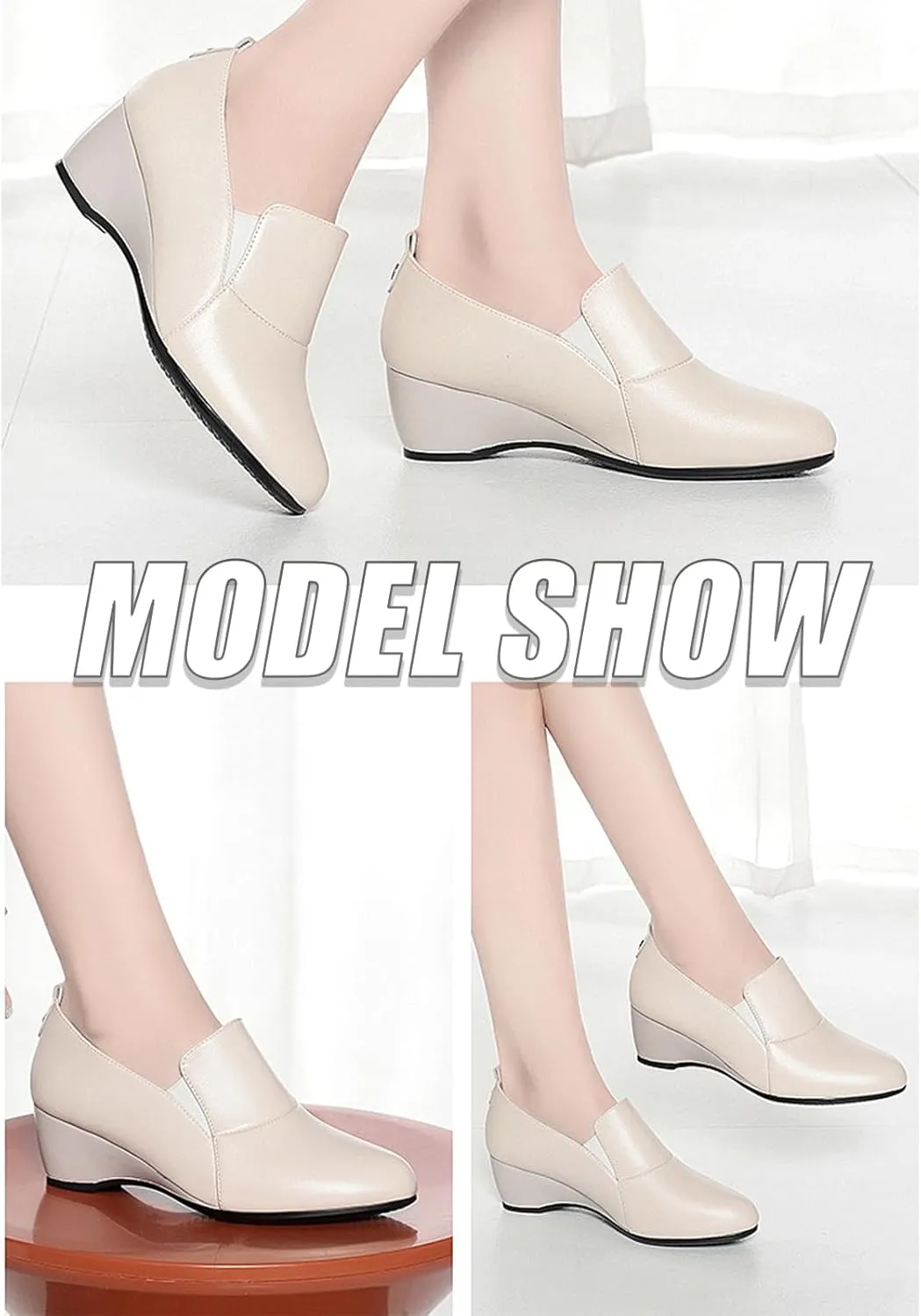 Women's Leather Wedge Round Toe Dressy Shoes Comfortable Soft Leather Platform Slip On Casual Loafers Suitable for Driving Business Work Walking