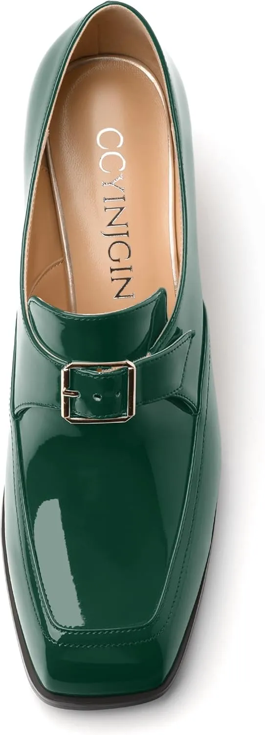 Women's Loafers with Belt Buckle, Fashion Closed Square Toe Chunky Heeled Loafer Shose Comfortable Slip On Solid Dress Shose