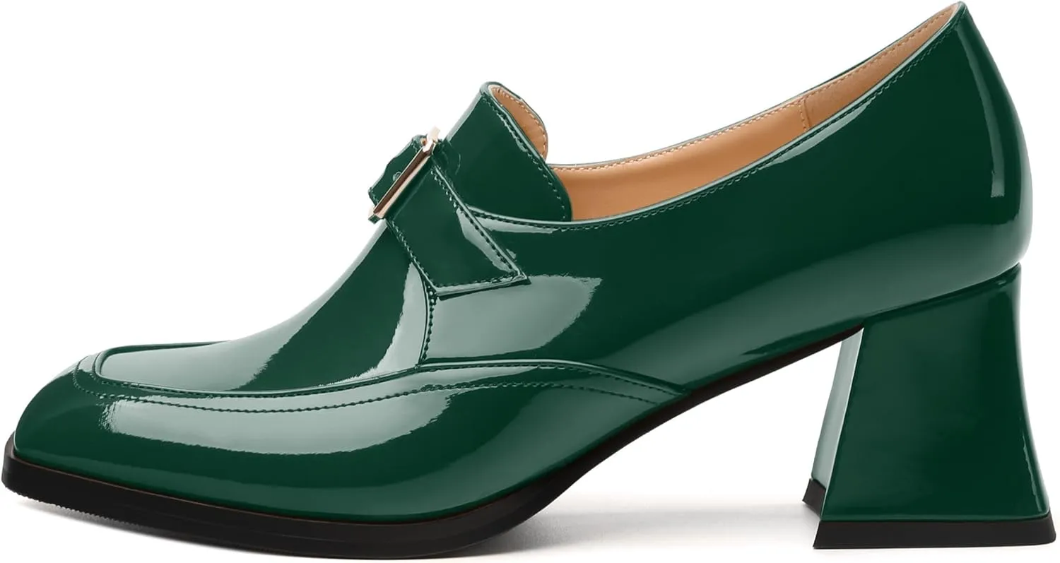 Women's Loafers with Belt Buckle, Fashion Closed Square Toe Chunky Heeled Loafer Shose Comfortable Slip On Solid Dress Shose