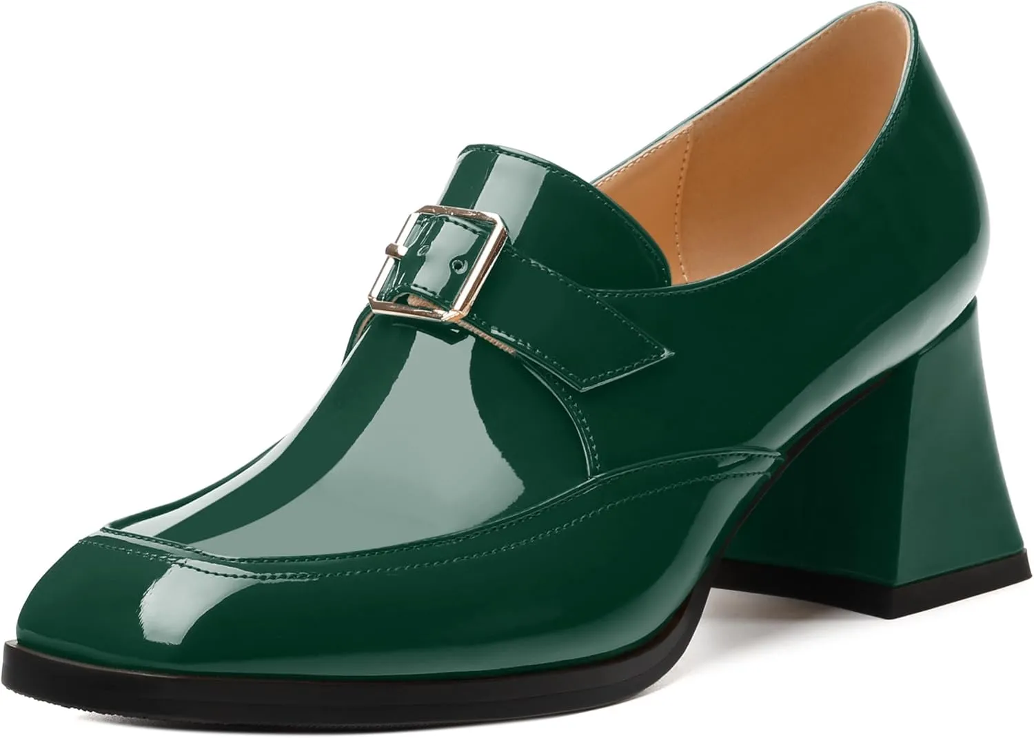 Women's Loafers with Belt Buckle, Fashion Closed Square Toe Chunky Heeled Loafer Shose Comfortable Slip On Solid Dress Shose