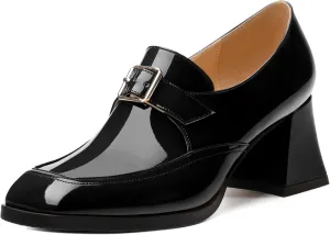 Women's Loafers with Belt Buckle, Fashion Closed Square Toe Chunky Heeled Loafer Shose Comfortable Slip On Solid Dress Shose