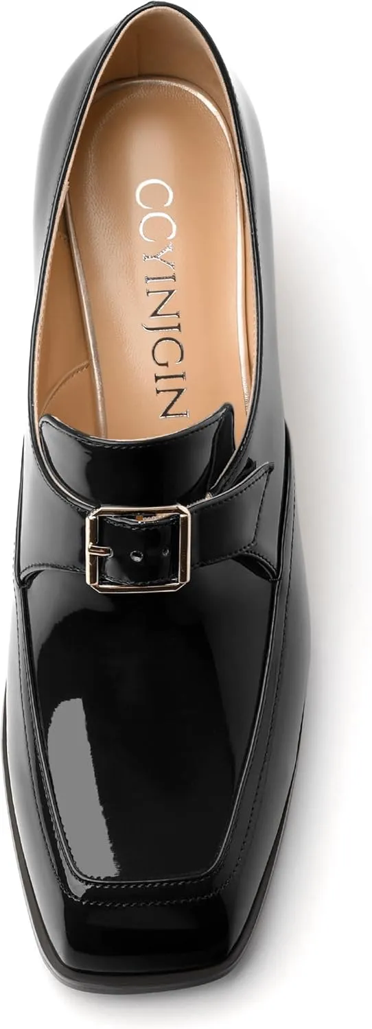 Women's Loafers with Belt Buckle, Fashion Closed Square Toe Chunky Heeled Loafer Shose Comfortable Slip On Solid Dress Shose
