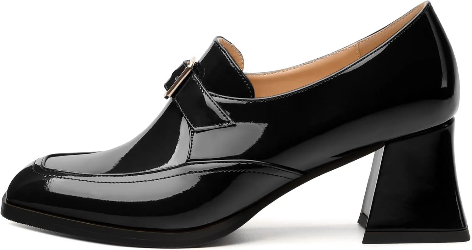Women's Loafers with Belt Buckle, Fashion Closed Square Toe Chunky Heeled Loafer Shose Comfortable Slip On Solid Dress Shose