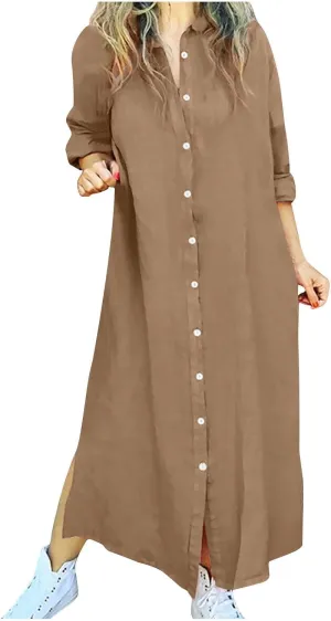 Women's Long Sleeve Bohemian Cotton Linen Dresses, 2025 Casual Button Down Shirt Loose Maxi Long Vacation Sundress