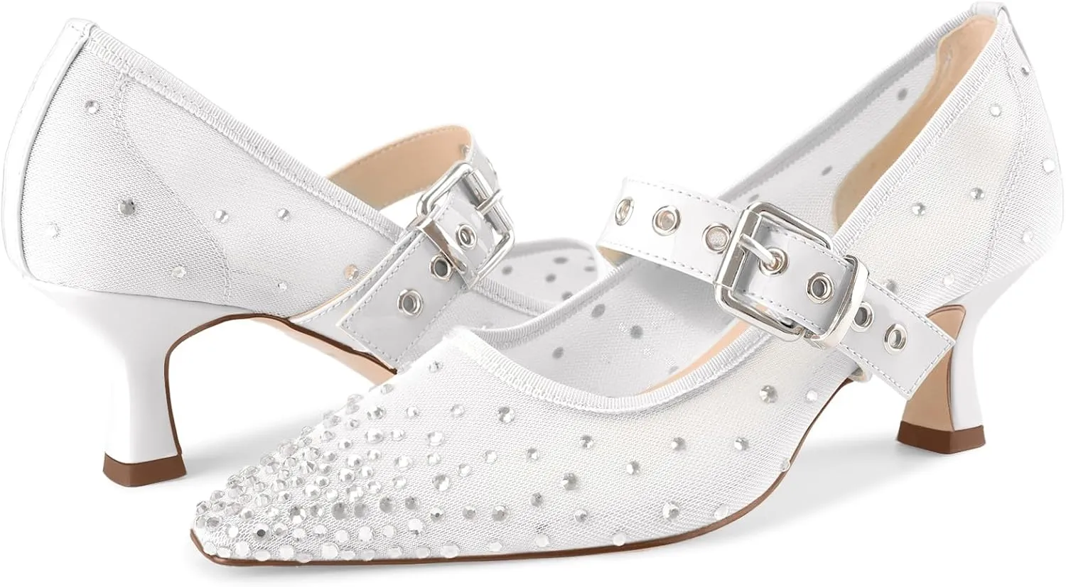 Women's Mesh Closed Square Toe Heels Rhinestone Ankle Strap Buckle Kitten Heeled Mary Jane Pumps Dressy Prom Wedding Sandals Shoes 2 inch
