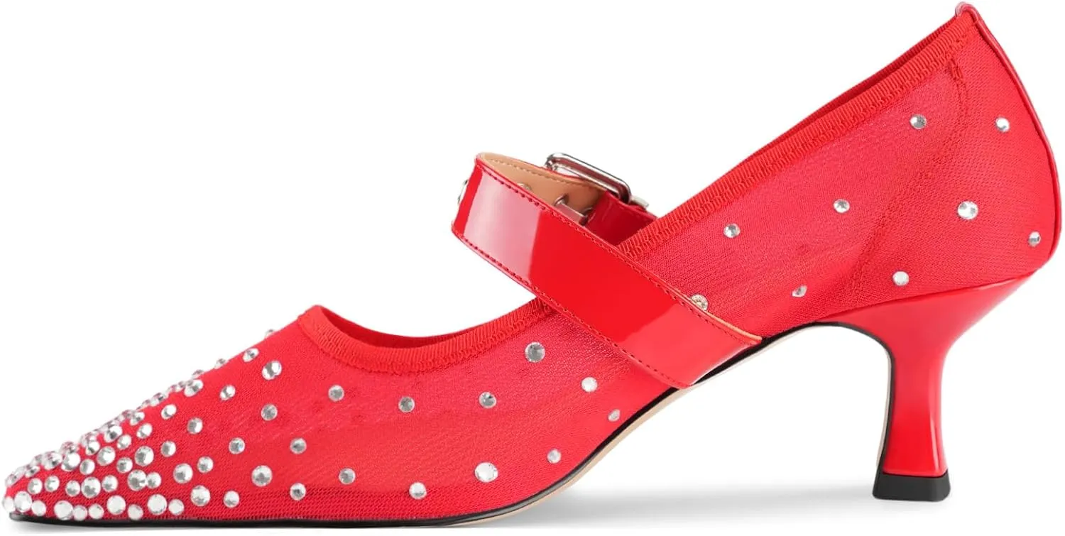 Women's Mesh Closed Square Toe Heels Rhinestone Ankle Strap Buckle Kitten Heeled Mary Jane Pumps Dressy Prom Wedding Sandals Shoes 2 inch