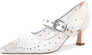 Women's Mesh Closed Square Toe Heels Rhinestone Ankle Strap Buckle Kitten Heeled Mary Jane Pumps Dressy Prom Wedding Sandals Shoes 2 inch
