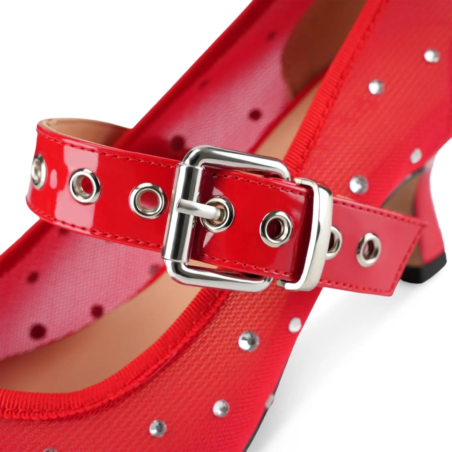 Women's Mesh Closed Square Toe Heels Rhinestone Ankle Strap Buckle Kitten Heeled Mary Jane Pumps Dressy Prom Wedding Sandals Shoes 2 inch