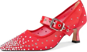 Women's Mesh Closed Square Toe Heels Rhinestone Ankle Strap Buckle Kitten Heeled Mary Jane Pumps Dressy Prom Wedding Sandals Shoes 2 inch