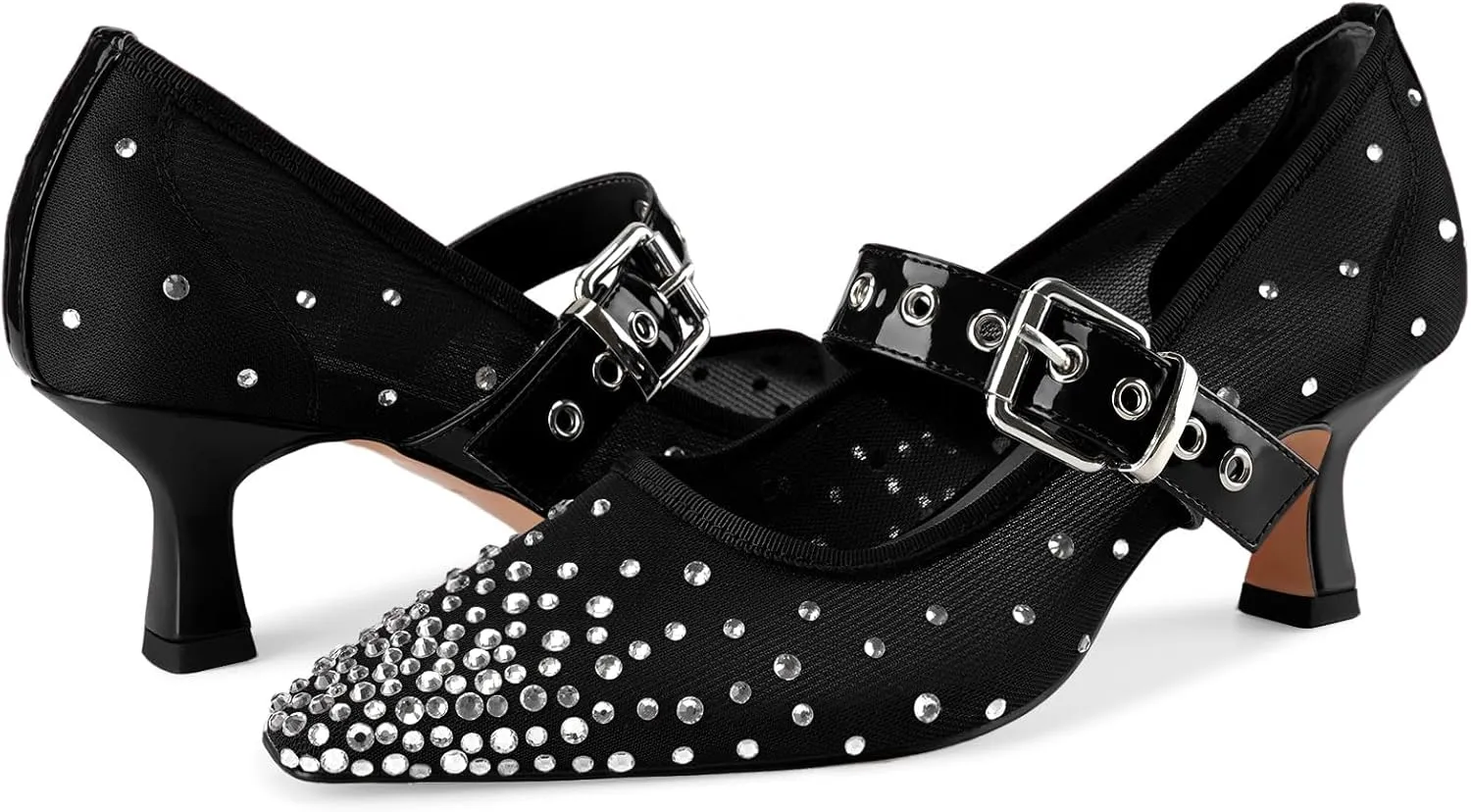 Women's Mesh Closed Square Toe Heels Rhinestone Ankle Strap Buckle Kitten Heeled Mary Jane Pumps Dressy Prom Wedding Sandals Shoes 2 inch