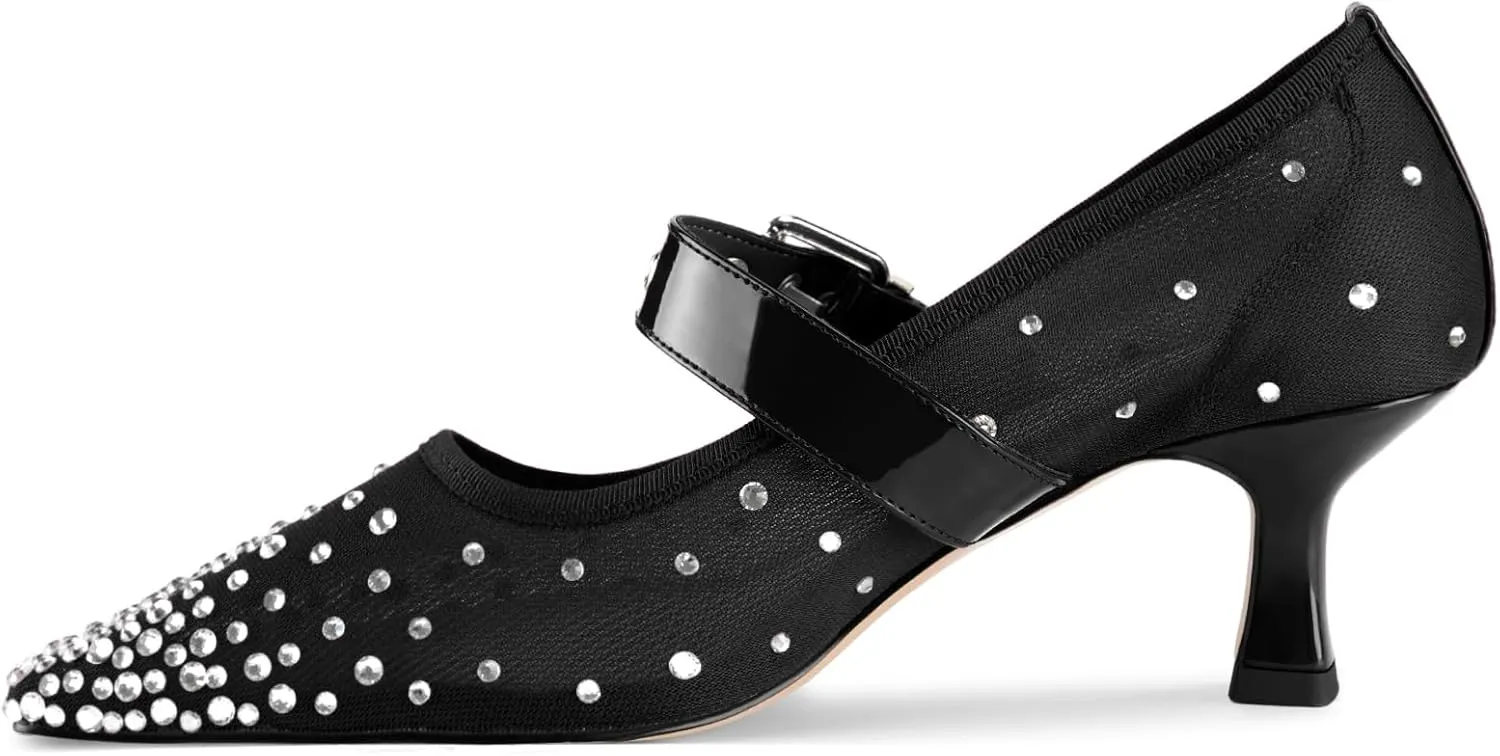 Women's Mesh Closed Square Toe Heels Rhinestone Ankle Strap Buckle Kitten Heeled Mary Jane Pumps Dressy Prom Wedding Sandals Shoes 2 inch