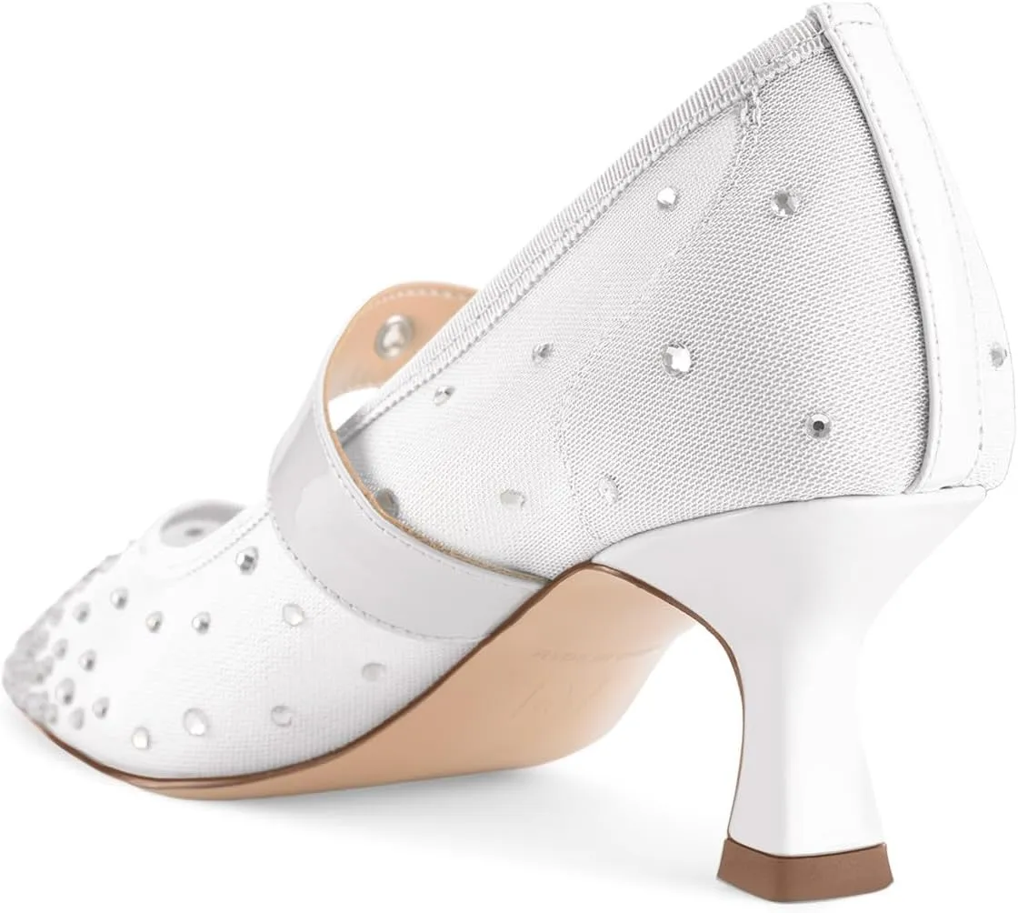 Women's Mesh Closed Square Toe Heels Rhinestone Ankle Strap Buckle Kitten Heeled Mary Jane Pumps Dressy Prom Wedding Sandals Shoes 2 inch