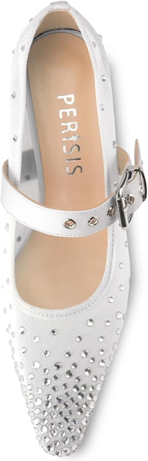 Women's Mesh Closed Square Toe Heels Rhinestone Ankle Strap Buckle Kitten Heeled Mary Jane Pumps Dressy Prom Wedding Sandals Shoes 2 inch
