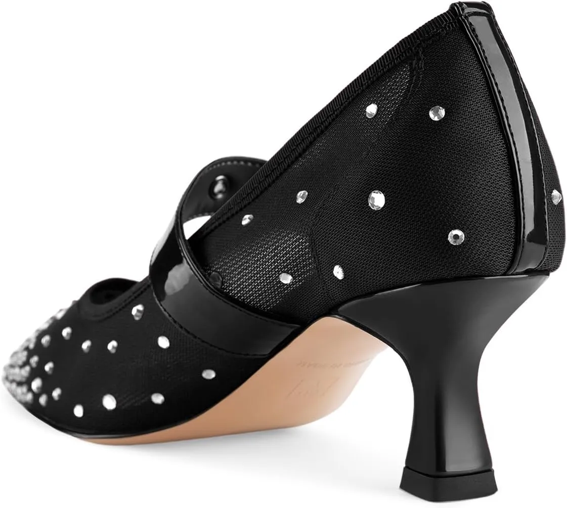 Women's Mesh Closed Square Toe Heels Rhinestone Ankle Strap Buckle Kitten Heeled Mary Jane Pumps Dressy Prom Wedding Sandals Shoes 2 inch