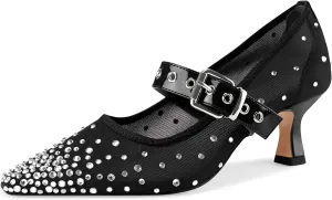 Women's Mesh Closed Square Toe Heels Rhinestone Ankle Strap Buckle Kitten Heeled Mary Jane Pumps Dressy Prom Wedding Sandals Shoes 2 inch