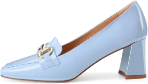 Womens Mid Block Chunky Heeled Loafers Closed Square Toe Patent Leather Comfortable Slip On Pumps Metal Chain Basic Classic Casual Work Office Dress Shoes 2.8 Inches Heels
