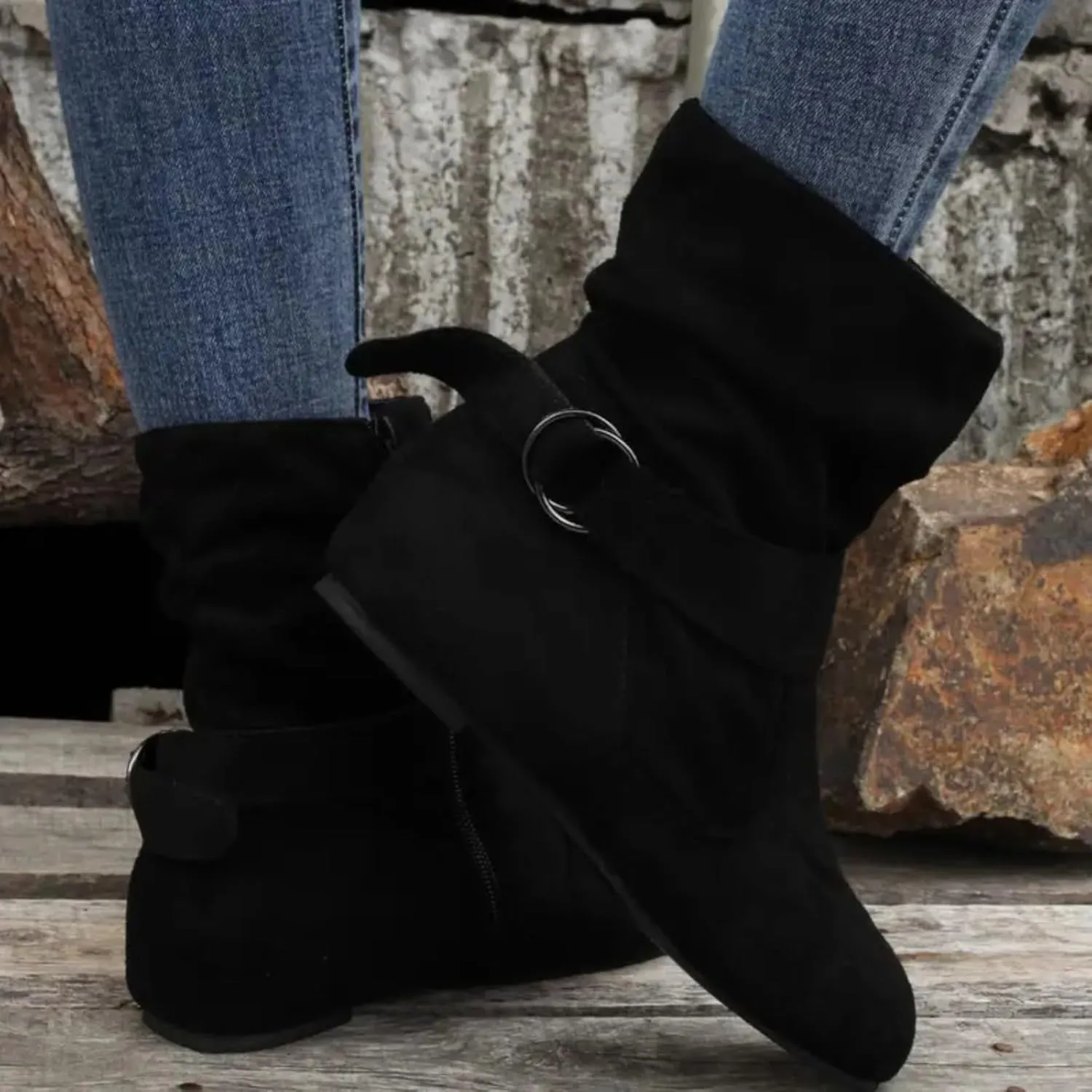 Women's Mid Calf Boots Fashion Slouchy Ruched Suede Round Toe Slip On Flats Ankle Booties Casual Winter Grey