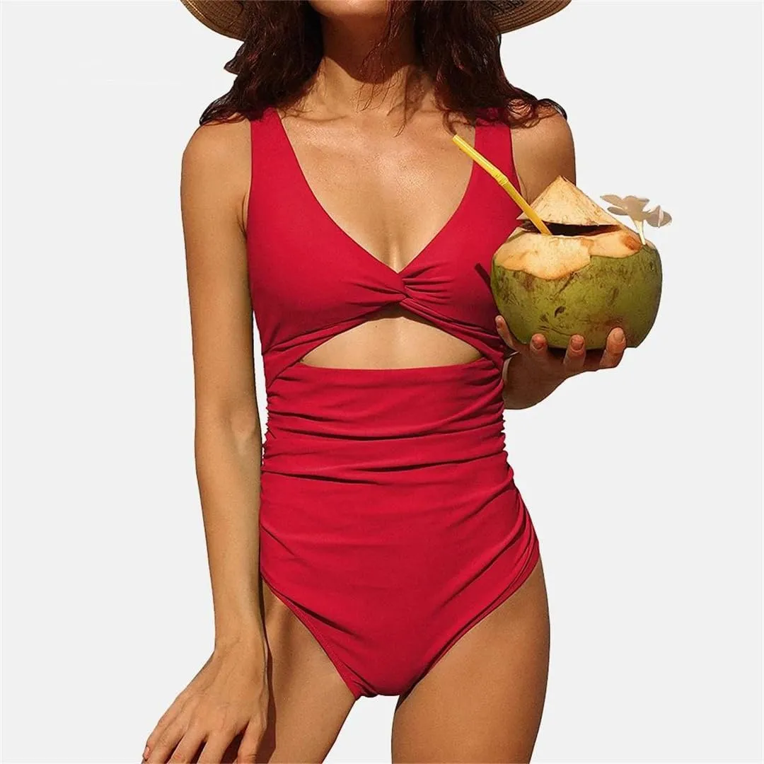 Women's One Piece Swimsuit Ruched Tummy Open Back V Neck Retro Push Up Swimwear