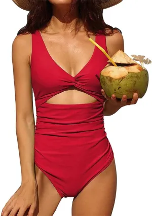 Women's One Piece Swimsuit Ruched Tummy Open Back V Neck Retro Push Up Swimwear