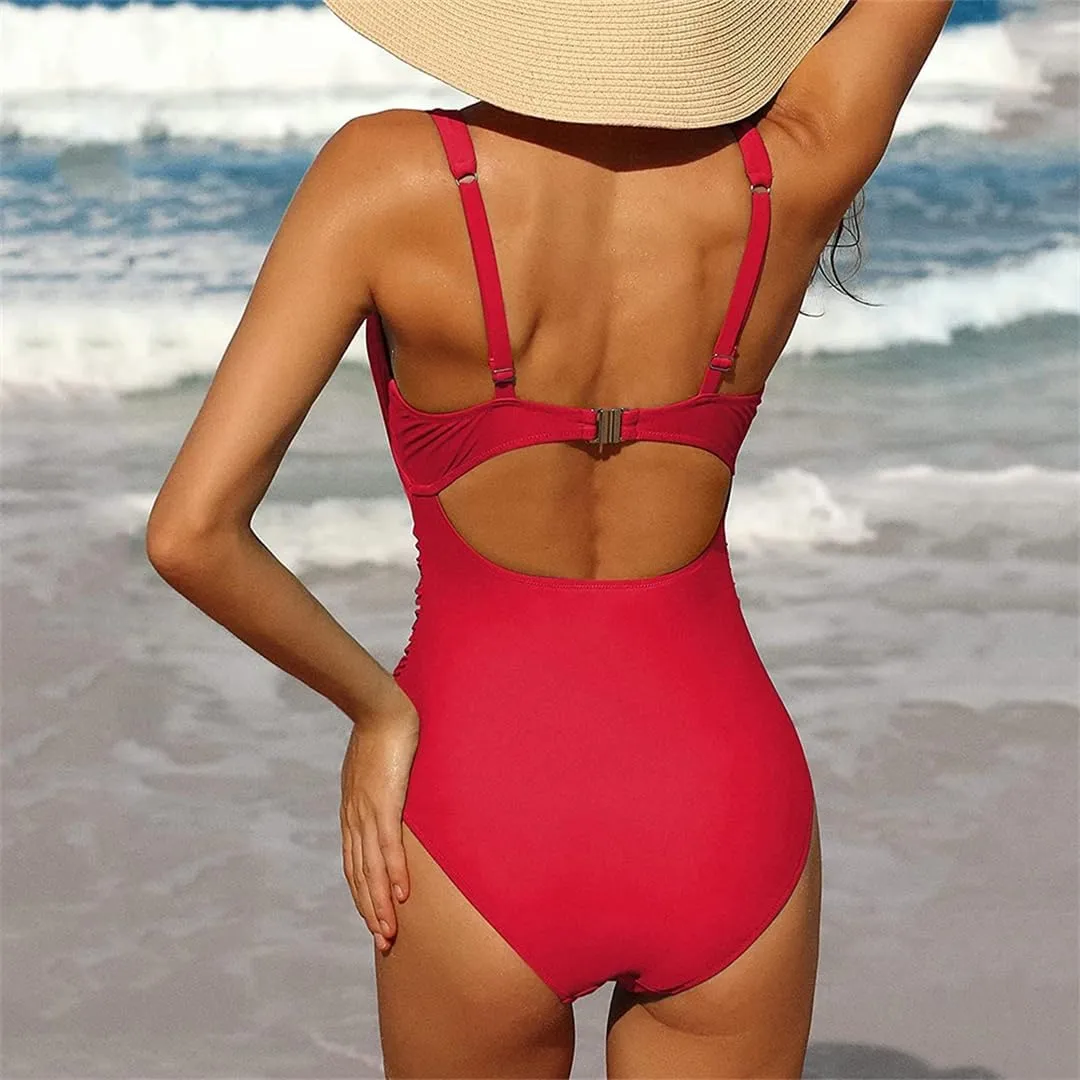 Women's One Piece Swimsuit Ruched Tummy Open Back V Neck Retro Push Up Swimwear