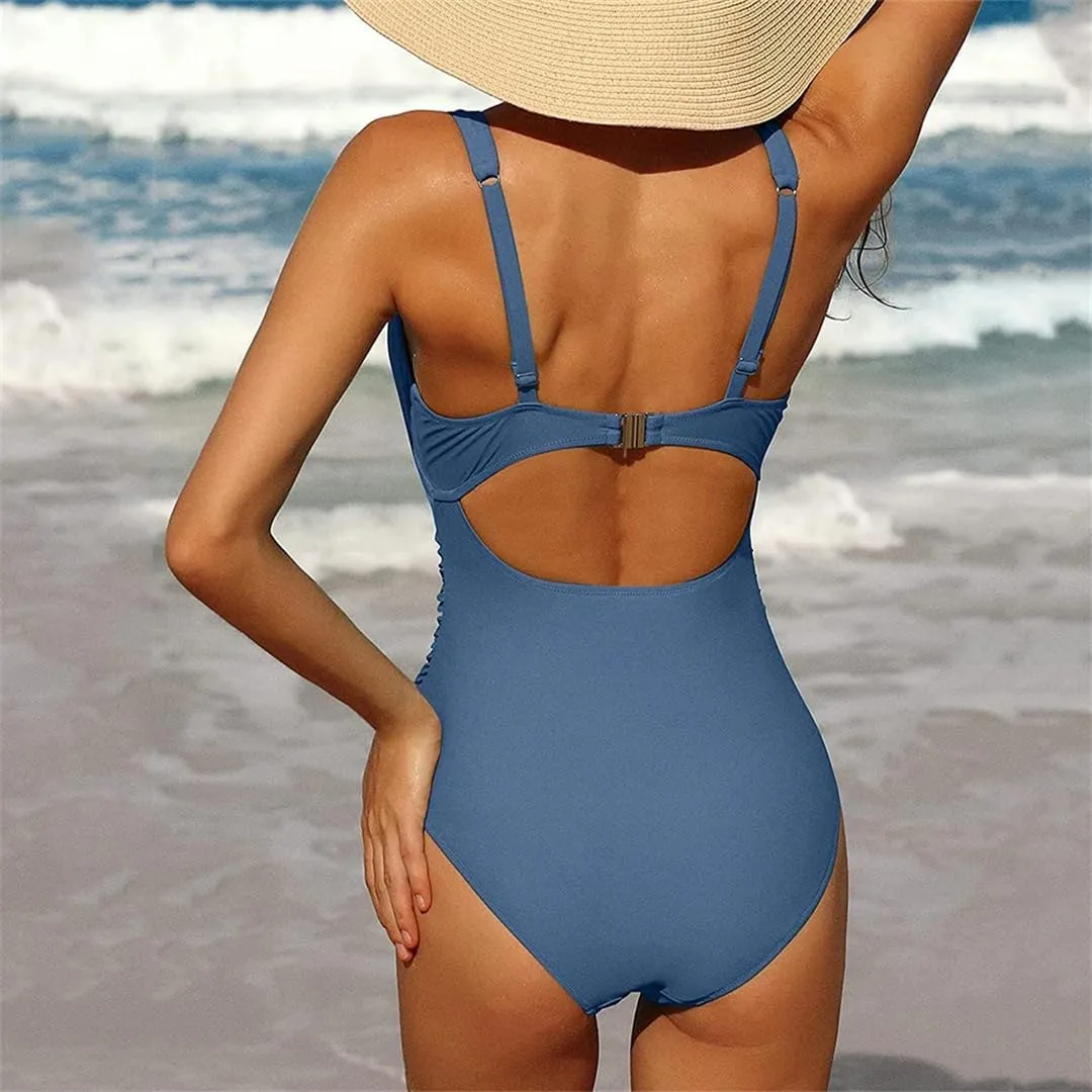 Women's One Piece Swimsuit Ruched Tummy Open Back V Neck Retro Push Up Swimwear