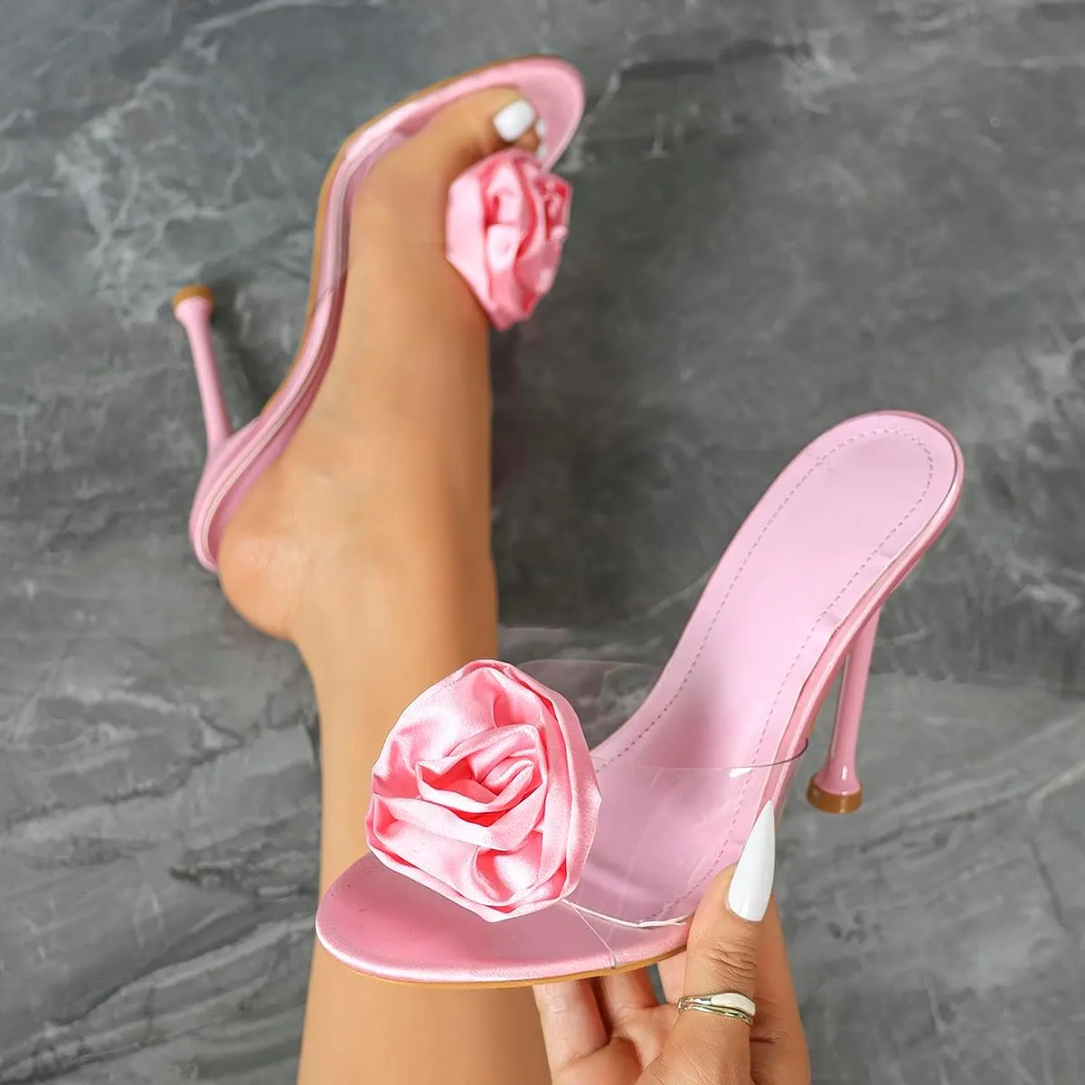 Women’s Pink Satin Heeled Sandals with 3D Floral Accents | Elegant Wedding Party Shoes | Transparent PVC Straps & Slender Heel for Brides, Prom, Dates