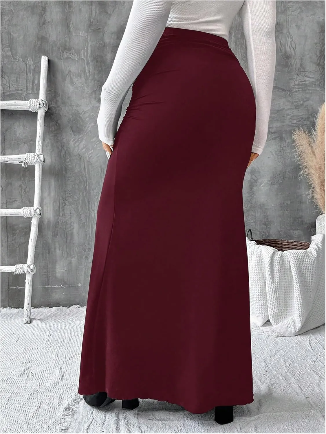 Women's Plus Size Fishtail Knitted Skirt High Waisted Ruched Long Skirts