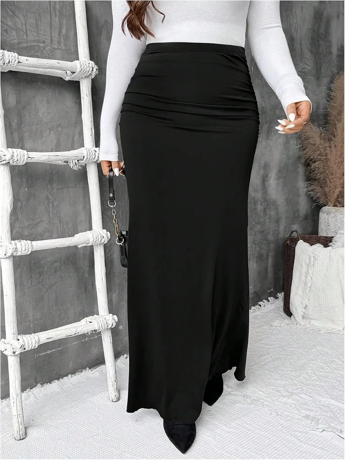 Women's Plus Size Fishtail Knitted Skirt High Waisted Ruched Long Skirts