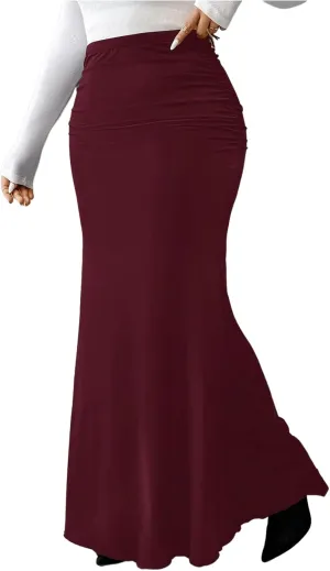 Women's Plus Size Fishtail Knitted Skirt High Waisted Ruched Long Skirts