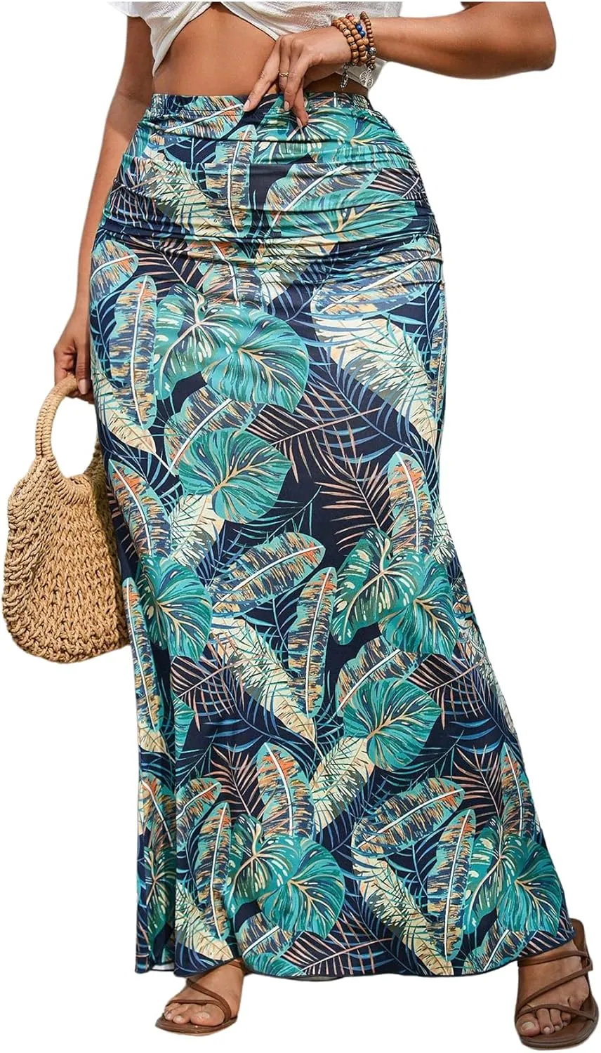 Women's Plus Size Fishtail Knitted Skirt High Waisted Ruched Long Skirts