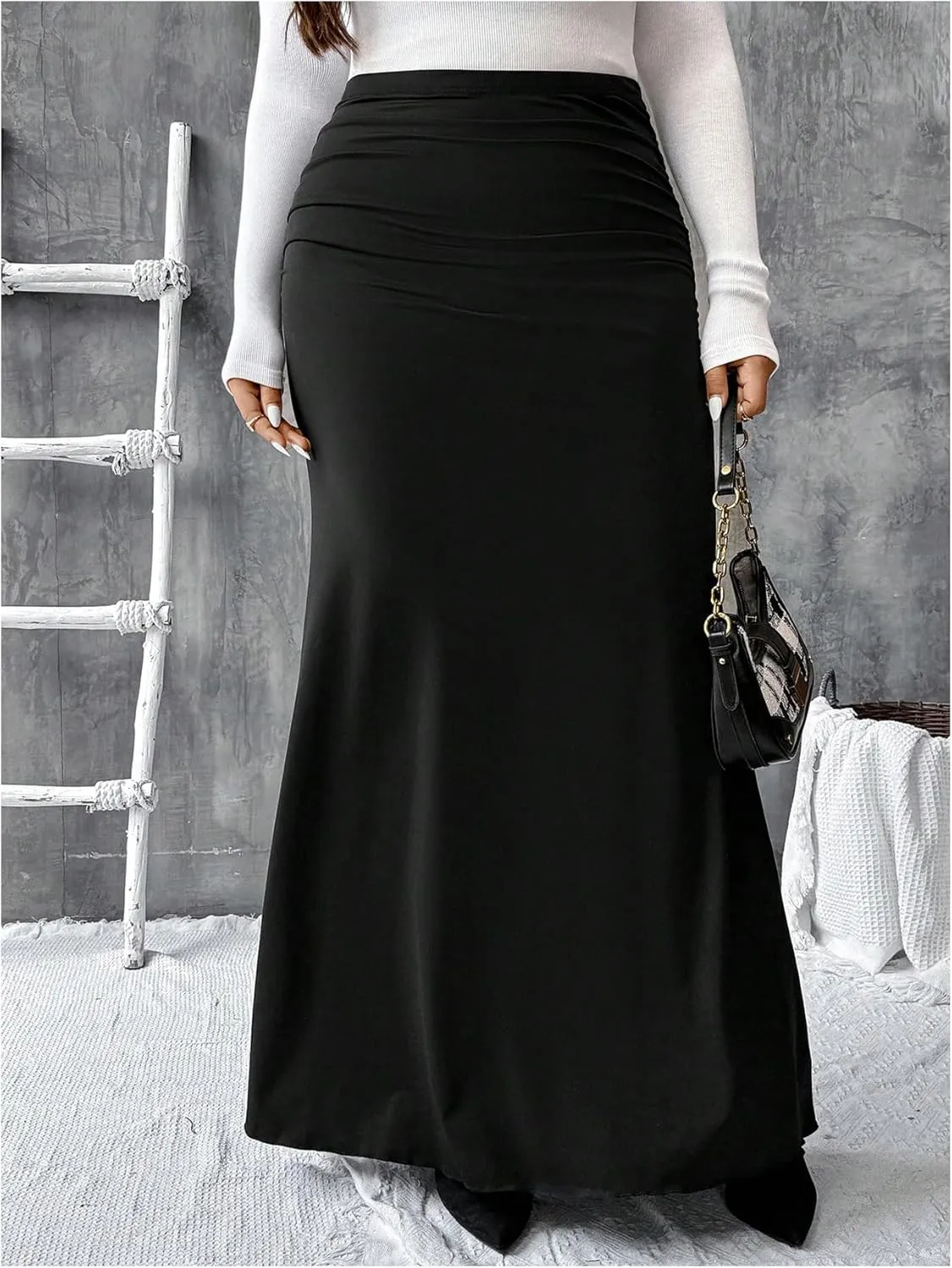 Women's Plus Size Fishtail Knitted Skirt High Waisted Ruched Long Skirts