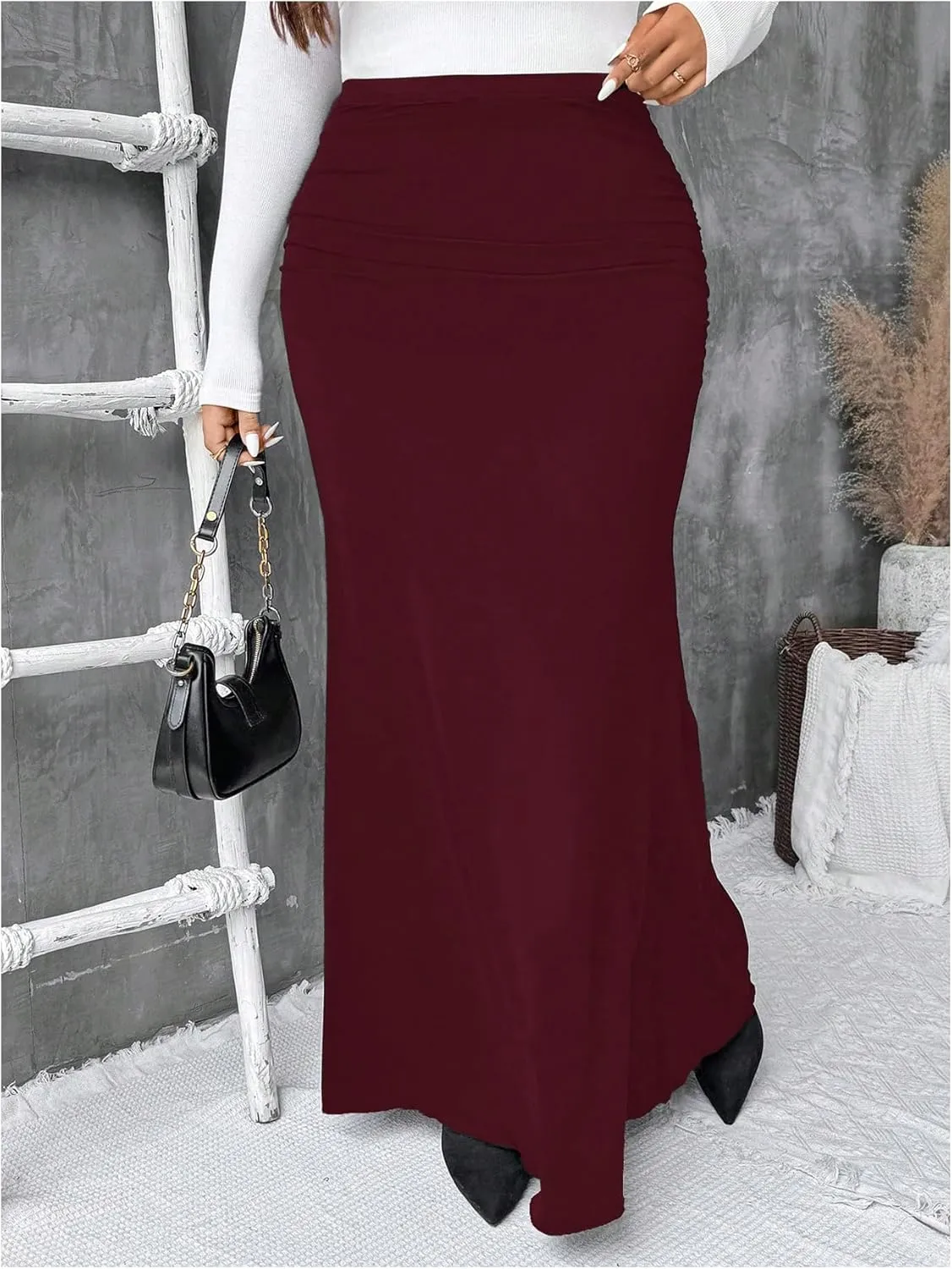 Women's Plus Size Fishtail Knitted Skirt High Waisted Ruched Long Skirts