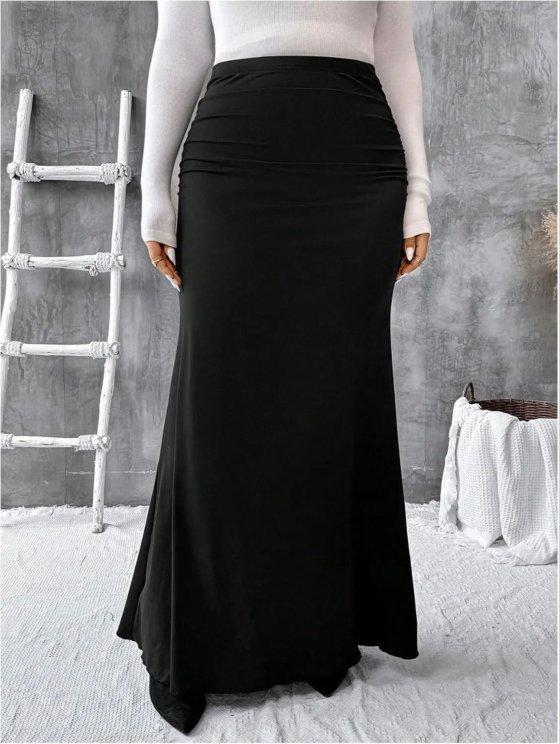 Women's Plus Size Fishtail Knitted Skirt High Waisted Ruched Long Skirts