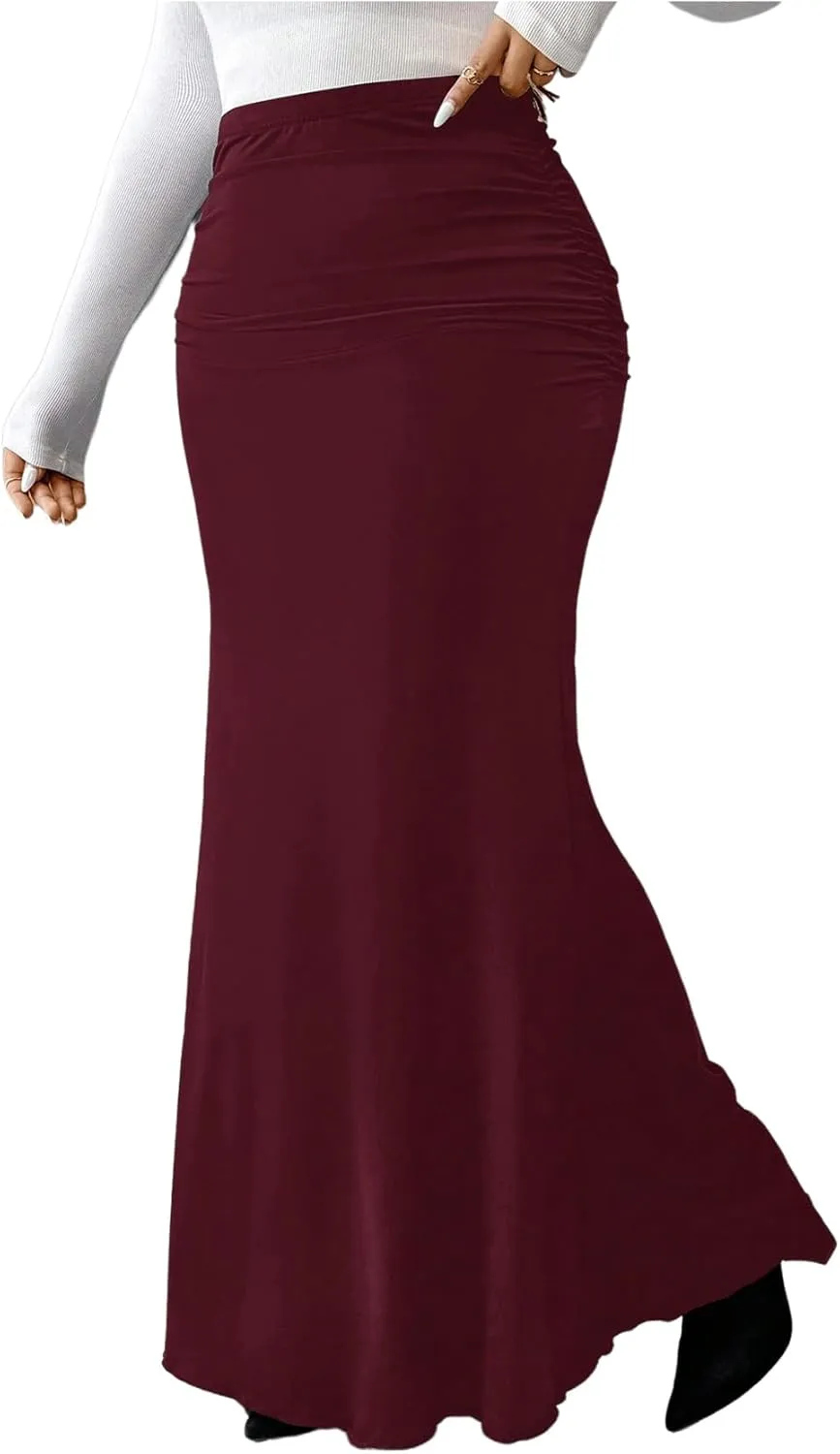 Women's Plus Size Fishtail Knitted Skirt High Waisted Ruched Long Skirts