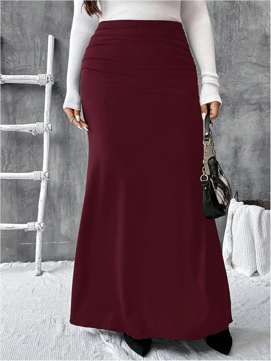 Women's Plus Size Fishtail Knitted Skirt High Waisted Ruched Long Skirts