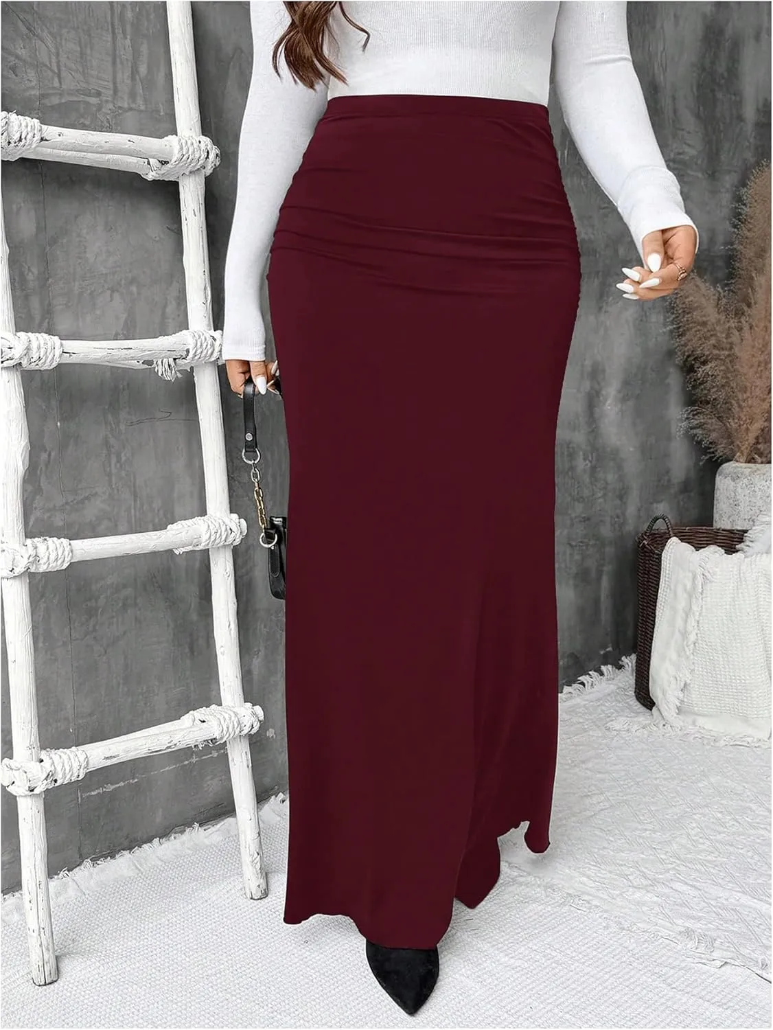 Women's Plus Size Fishtail Knitted Skirt High Waisted Ruched Long Skirts