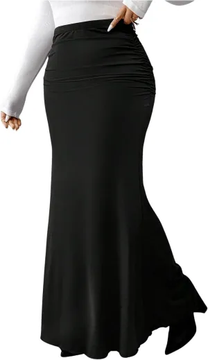 Women's Plus Size Fishtail Knitted Skirt High Waisted Ruched Long Skirts