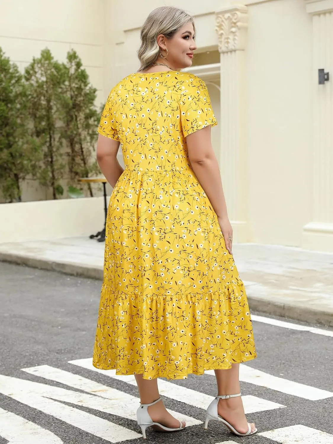 Women's Plus Size Midi Casual Dress with Pockets 1X-4X Tiered Short Sleeve Relax Fit Crewneck Summer Dresses