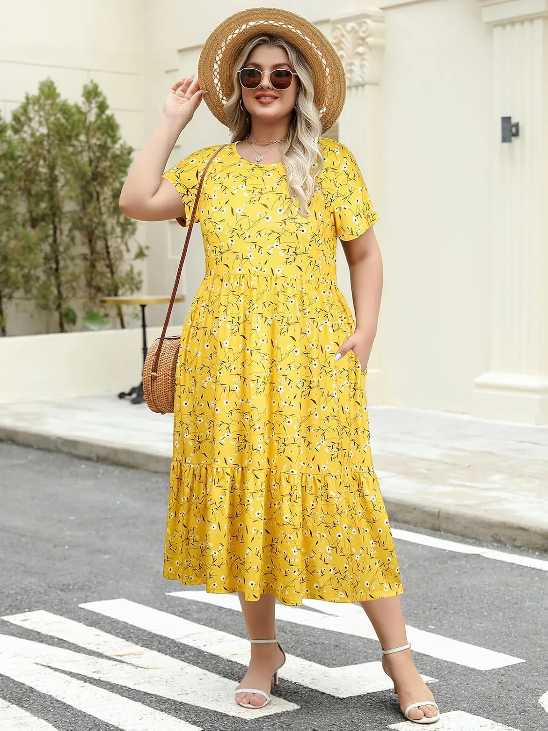 Women's Plus Size Midi Casual Dress with Pockets 1X-4X Tiered Short Sleeve Relax Fit Crewneck Summer Dresses
