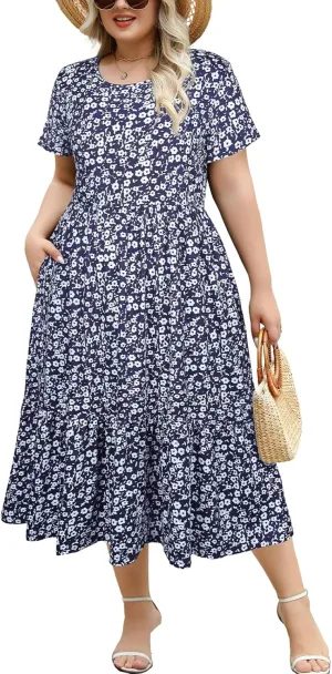 Women's Plus Size Midi Casual Dress with Pockets 1X-4X Tiered Short Sleeve Relax Fit Crewneck Summer Dresses