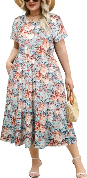 Women's Plus Size Midi Casual Dress with Pockets 1X-4X Tiered Short Sleeve Relax Fit Crewneck Summer Dresses