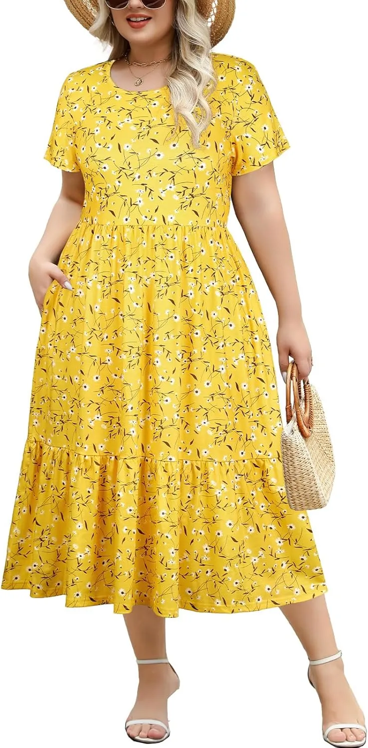 Women's Plus Size Midi Casual Dress with Pockets 1X-4X Tiered Short Sleeve Relax Fit Crewneck Summer Dresses