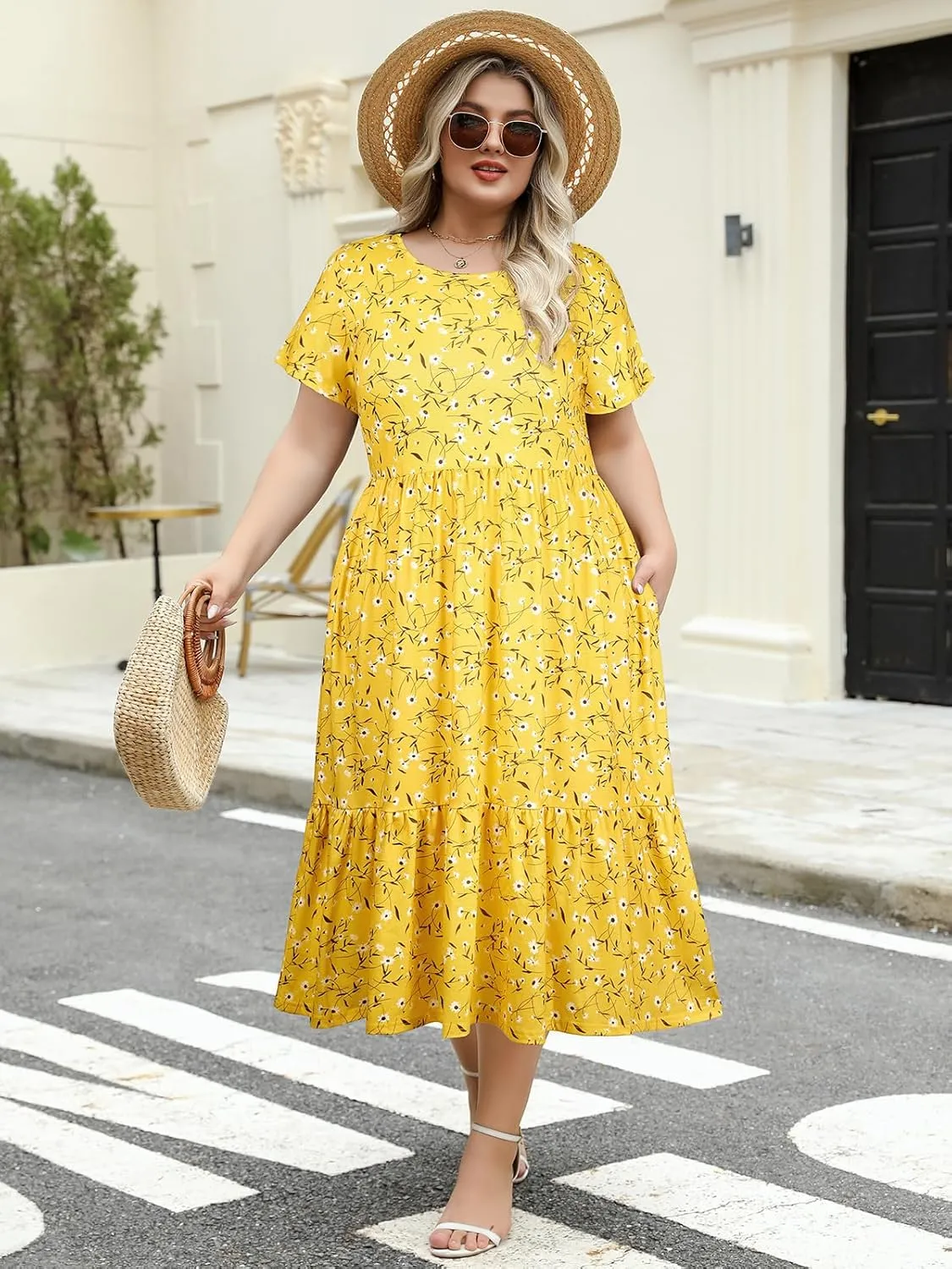 Women's Plus Size Midi Casual Dress with Pockets 1X-4X Tiered Short Sleeve Relax Fit Crewneck Summer Dresses