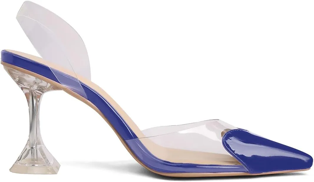 Women's Pointed Toe Cute Heart Kitten Clear Heels Transparent PVC Patent Leather Splicing Slingback Mid Heel Pumps Wedding Office Party Dressy Heeled Sandals for Women