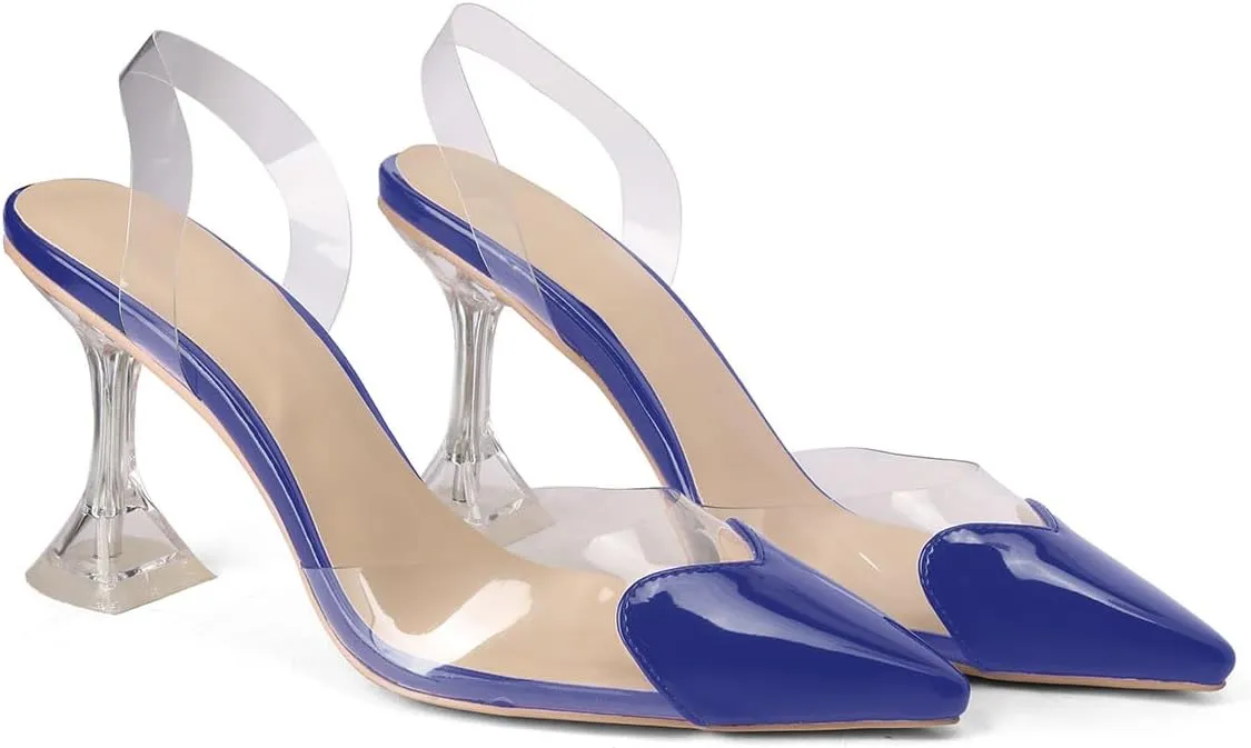 Women's Pointed Toe Cute Heart Kitten Clear Heels Transparent PVC Patent Leather Splicing Slingback Mid Heel Pumps Wedding Office Party Dressy Heeled Sandals for Women