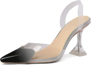 Women's Pointed Toe Cute Heart Kitten Clear Heels Transparent PVC Patent Leather Splicing Slingback Mid Heel Pumps Wedding Office Party Dressy Heeled Sandals for Women