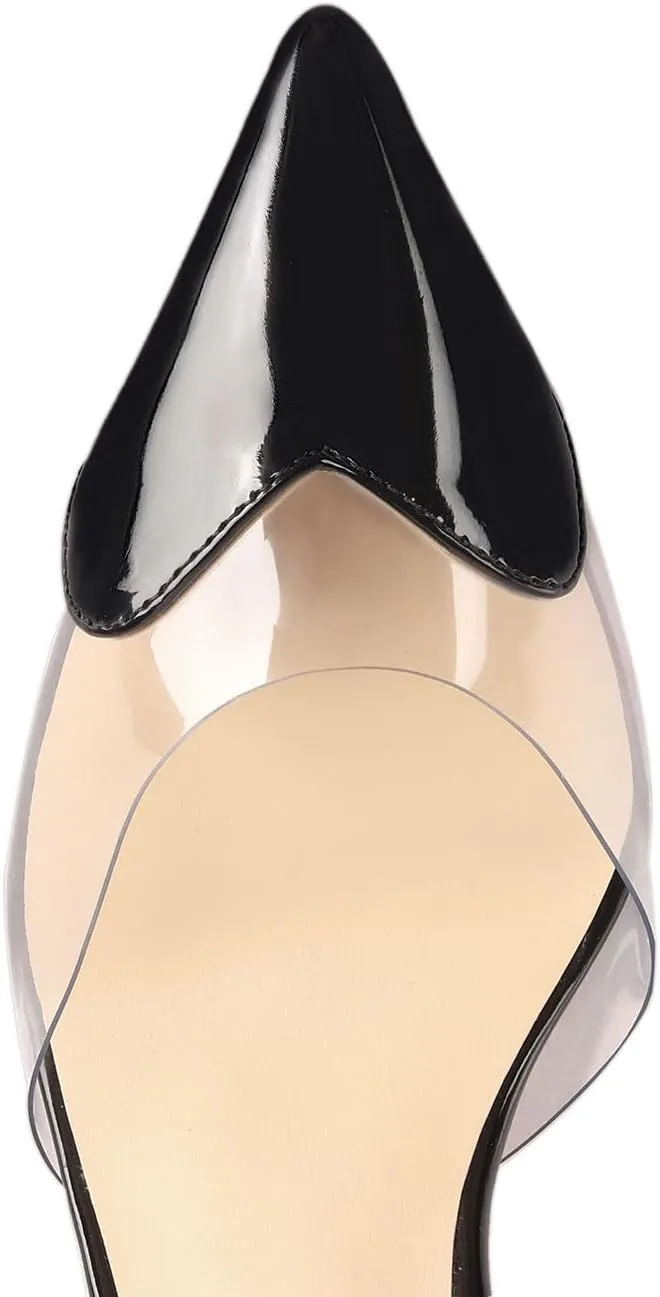 Women's Pointed Toe Cute Heart Kitten Clear Heels Transparent PVC Patent Leather Splicing Slingback Mid Heel Pumps Wedding Office Party Dressy Heeled Sandals for Women