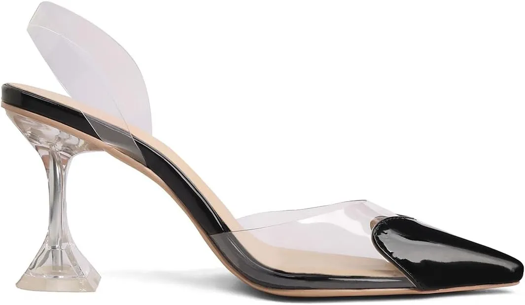 Women's Pointed Toe Cute Heart Kitten Clear Heels Transparent PVC Patent Leather Splicing Slingback Mid Heel Pumps Wedding Office Party Dressy Heeled Sandals for Women